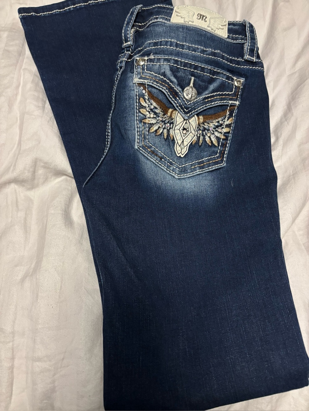 Miss Me Dark Blue Boot Cut Jeans with Embellished Back Pockets